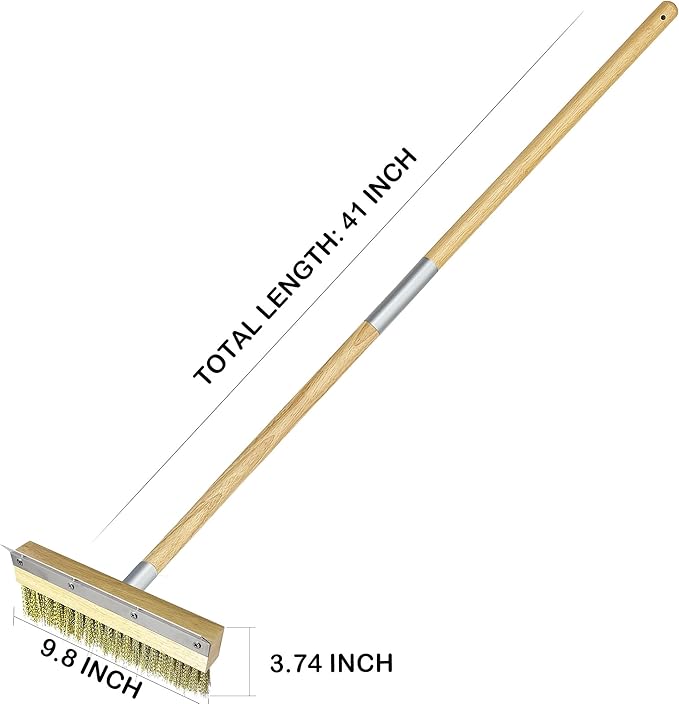 LRUI Pizza Oven Brush with Scraper,41-Inch Long Wood Handle Brass Bristles,Outdoor Pizza Oven Brush.