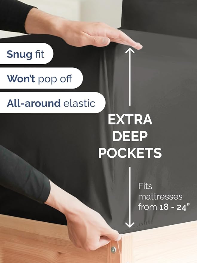 Extra Deep Queen Fitted Sheet - Hotel Luxury Single Fitted Sheet Only - Easily Fits 18 inch to 24 inch Mattress - Ultra Soft, Wrinkle & Fade Free w/Extra Deep Pockets - Breathable & Comfy - Charcoal