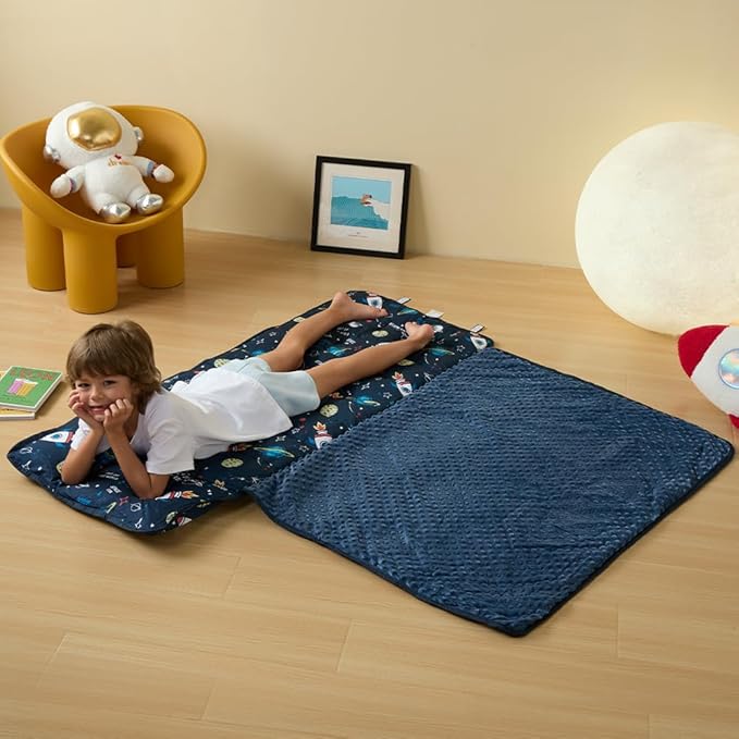 beeweed Toddler Nap Mat, Rollup Design Kid Sleeping Mat with Removable Pillow & Minky Blanket, Toddler Sleeping Bag for Daycare Preschool Travel Camping