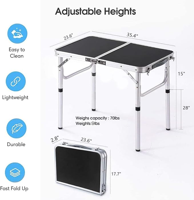 Folding Camping Table, 36''L x24''W Camp Aluminum Table with Adjustable Height Legs, Indoor Outdoor Lightweight Portable Folding Dining Table for Camp Picnic Beach 3Ft black 2 Heights 15"/28"）
