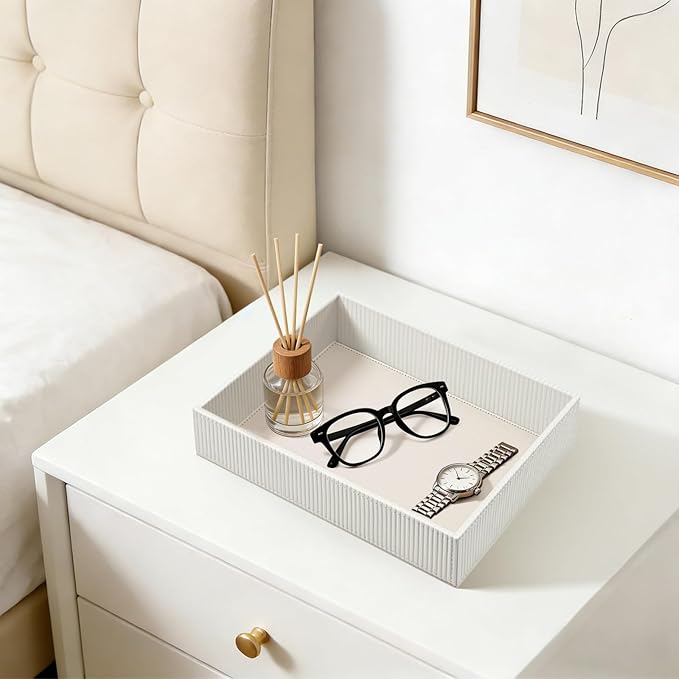 SITHON Valet Tray Desk Organizer, PU Leather Catchall Bedside Vanity Tray Nightstand Caddy Coin Box Key Jewelry Storage Organizer, Graduation, Stripe Pearl White