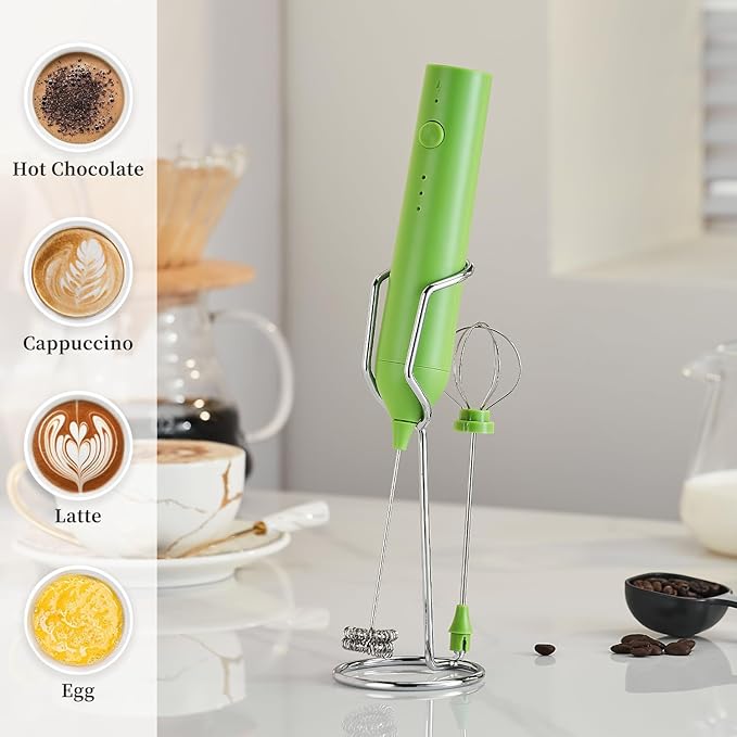 ELMWAY Rechargeable Milk Frother Handheld Foam Maker, 3 Speed Coffee Mixer Wand with 2 Detachable Stainless Steel Whisks and Stand, Electric Drink Mixer for Latte, Hot Chocolate, Protein Powder