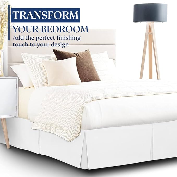 SKY BEDDINGS Luxury Pleated Queen Bed Skirt with Split Corners - 16 Inch Tailored Drop - Pleated Dust Ruffle - Wrinkle-Free 100% Microfiber - Easy Fit, Soft & Durable - White