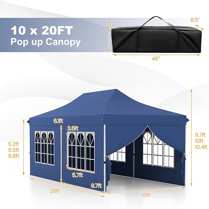 Tangkula 10x20 Ft Pop Up Canopy, UPF 50+ Portable Outdoor Canopy Tent with with 6 Removable Sidewalls, 2 Zippered Door, Windows, Carrying Bag for Party, Wedding, Backyard