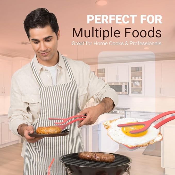 ZONZEST Silicone Egg Flipper Spatula Tongs (Set of 1) – Non-Stick 2-in-1 Grip & Flip Kitchen Tongs for Pancakes, Fish, Eggs, and More – Heat Resistant Cooking Tool (Red)