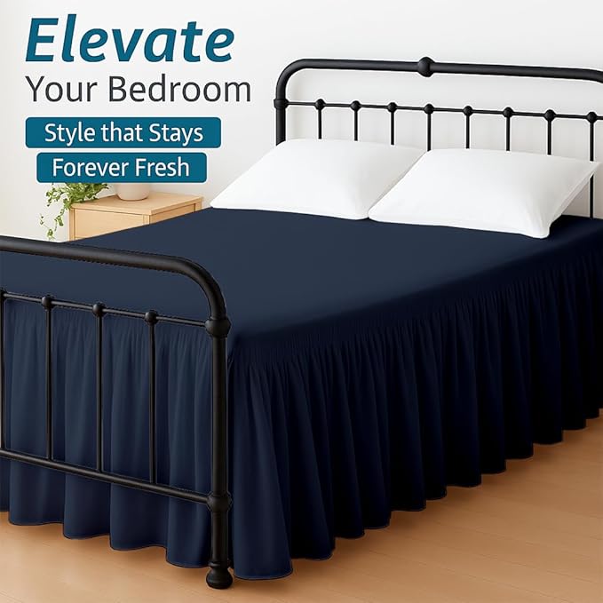 Shreem Linen Ruffled Bed Skirt with Split Corners, Gathered Style, 100% Microfiber, 30-Inch Drop, Dust Ruffle Bedskirt with Platform, Twin-XXL, Navy Blue
