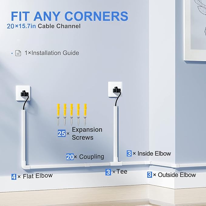 Cable Management ，315in PVC Cord Hider TV Cable Hider Wall，Paintable Cord Concealer for Hide Cords Wall Mounted，Wire Covers for Cords on Wall， L15.75*W0.95* H0.55in,White