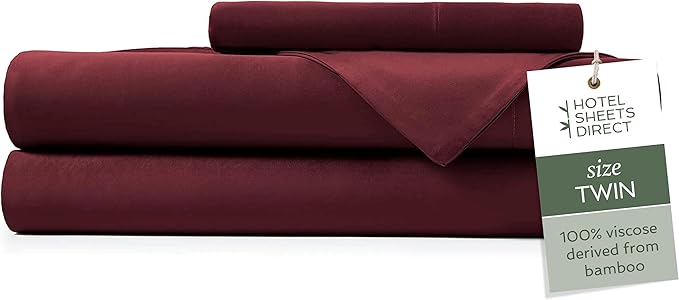 Hotel Sheets Direct 3 Piece Bed Sheet Set Twin Size, 100% Viscose Derived from Bamboo Sheets Set with 1 Pillowcase, Cooling & Breathable Luxury Bedding, Moisture-Wicking & Silky Soft Texture, Burgundy