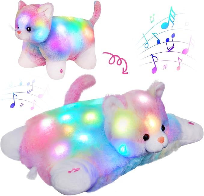 Glow Guards 16" Light Up Musical Rainbow Cat Stuffed Animal Glowing Colorful Cute Soft Kitty Plush Toy Pillow Sofa Decors Christmas Children's Day Birthday Gifts for Toddlers Kids