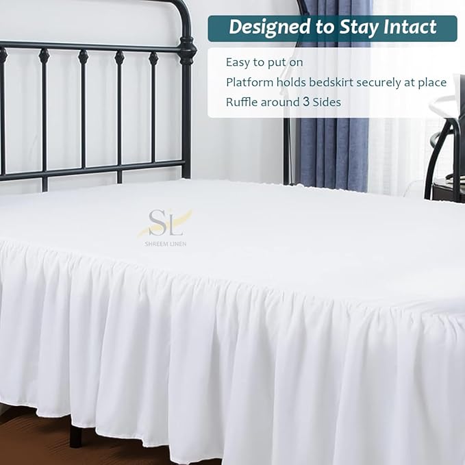 Shreem Linen Ruffled Bed Skirt with Split Corners, Gathered Style, 100% Microfiber, 18-Inch Drop, Dust Ruffle Bedskirt with Platform, King, White
