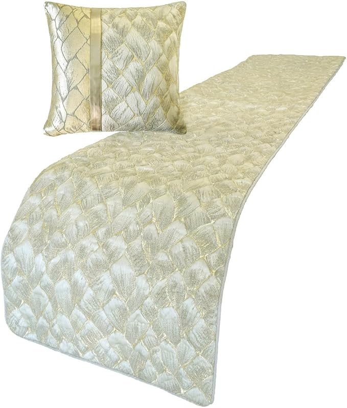 The HomeCentric King/Queen/Twin Ivory & Gold Designer Twin 53"x18" Bed Runner with Pillow Cover, Patchwork, Quilted, Jacquard Foil Bed Scarf on Jacquard Fabric - Spinzar