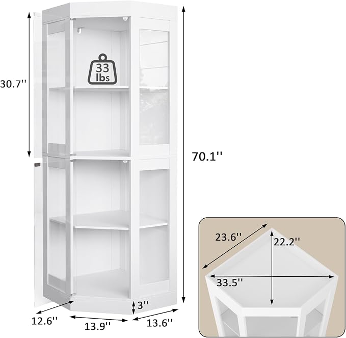 70''H Tall Corner Cabinet with Glass Doors, Farmhouse Storage Cabinet with 4