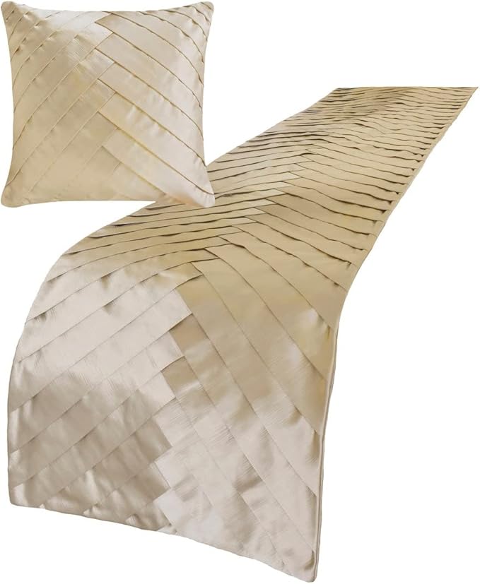 The HomeCentric King/Queen/Twin Ivory Designer King 90"x18" Bed Runner with 2 Pillow Cover, Pintucks, Textured & Satin Bed Scarf on Satin Fabric - Glazed Satin