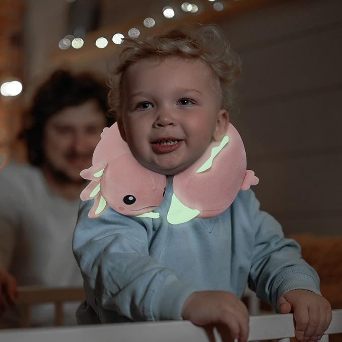 Niuniu Daddy Axolotl Kids Travel Pillow Road Trip Essentials for 9-12 Years Old - Soft Memory Foam Kids Neck Pillow for Airplane Travel Sleeping Essentials- Luminous Cervical Neck Pillow for Adults