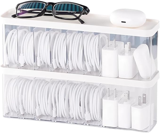 Charger Cable Cord Storage Organizer Box - 2 Pack With Lid - Easy Storage Without Cable Ties