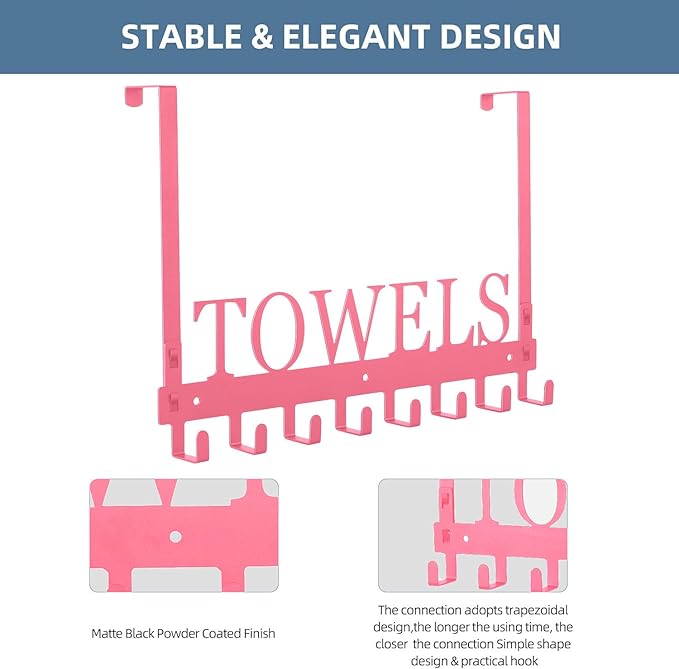 Azmoncy Over The Door Hooks - Wall Mount Towel Hanger with 8 Hooks for Bedroom Bathroom Pool Kitchen Towels, Bag, Coats - Pink