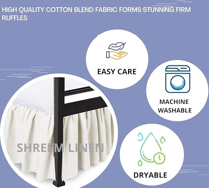 Shreem Linen Ruffled Bed Skirt with Split Corners, Gathered Style, 100% Microfiber, 21-Inch Drop, Dust Ruffle Bedskirt with Platform, Olympic Queen, Ivory