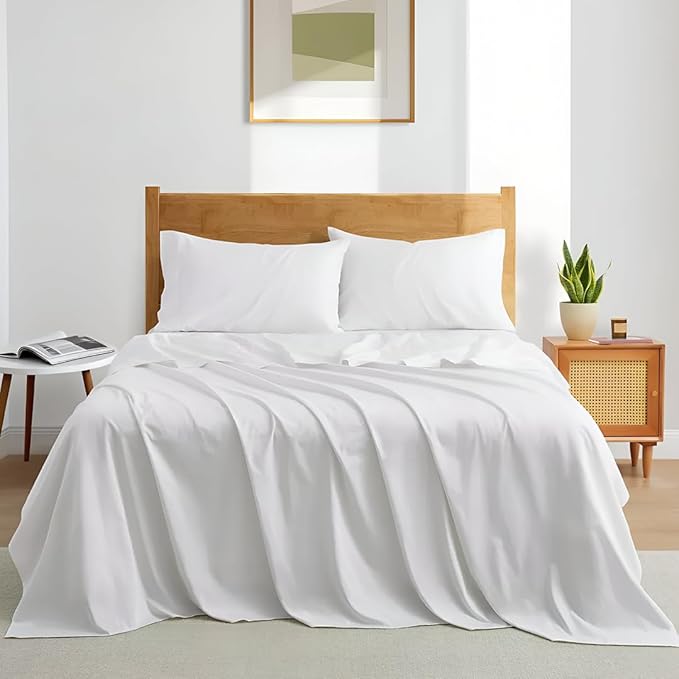Olympic Queen Sheet Set – 100% Egyptian Cotton, 338 Thread Count – 4-Piece Luxury Super Queen Sheets – Soft & Breathable – 16” Deep Pocket Fitted Sheet, 1 Flat Sheet, 2 Pillowcases (White Solid)
