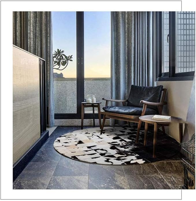 Cowhide Round Leather Rug 9x9 ft – Genuine Hair-On Hide Patchwork Area Rug for Living Room, Bedroom, Kids Playroom, Lounge & Western Home Decor