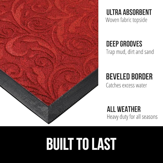 GORILLA GRIP 100% Waterproof All-Season WeatherMax Doormat US Designed Natural Rubber, Stain and Fade Resistant, Low Profile Indoor Outdoor Door Mats, Easy Clean Patio Mat, 17x29, Red Vintage Wine