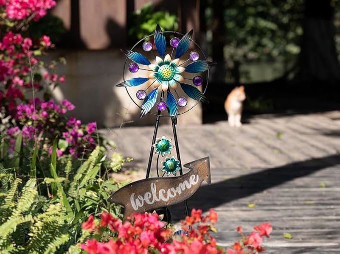TERESA'S COLLECTIONS Peacock Garden Solar Stake, Wind Spinner Yard Art Sign for Outdoor Decor, Metal Purple Floral Windmill Decorative Garden Stake for Lawn Ornaments, Gifts for Mom, 37''