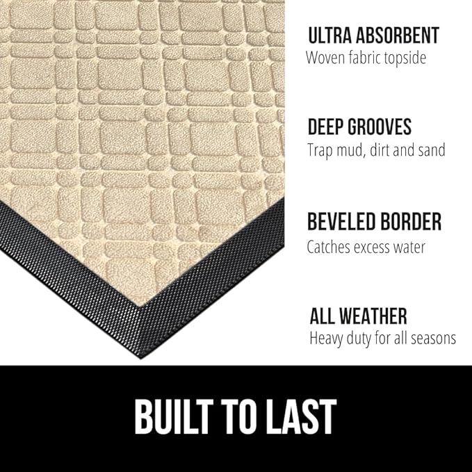 GORILLA GRIP 100% Waterproof All-Season WeatherMax Doormat US Designed Natural Rubber, Stain and Fade Resistant, Low Profile Indoor Outdoor Door Mats, Easy Clean Patio Mat, 17x29, Modern Latte