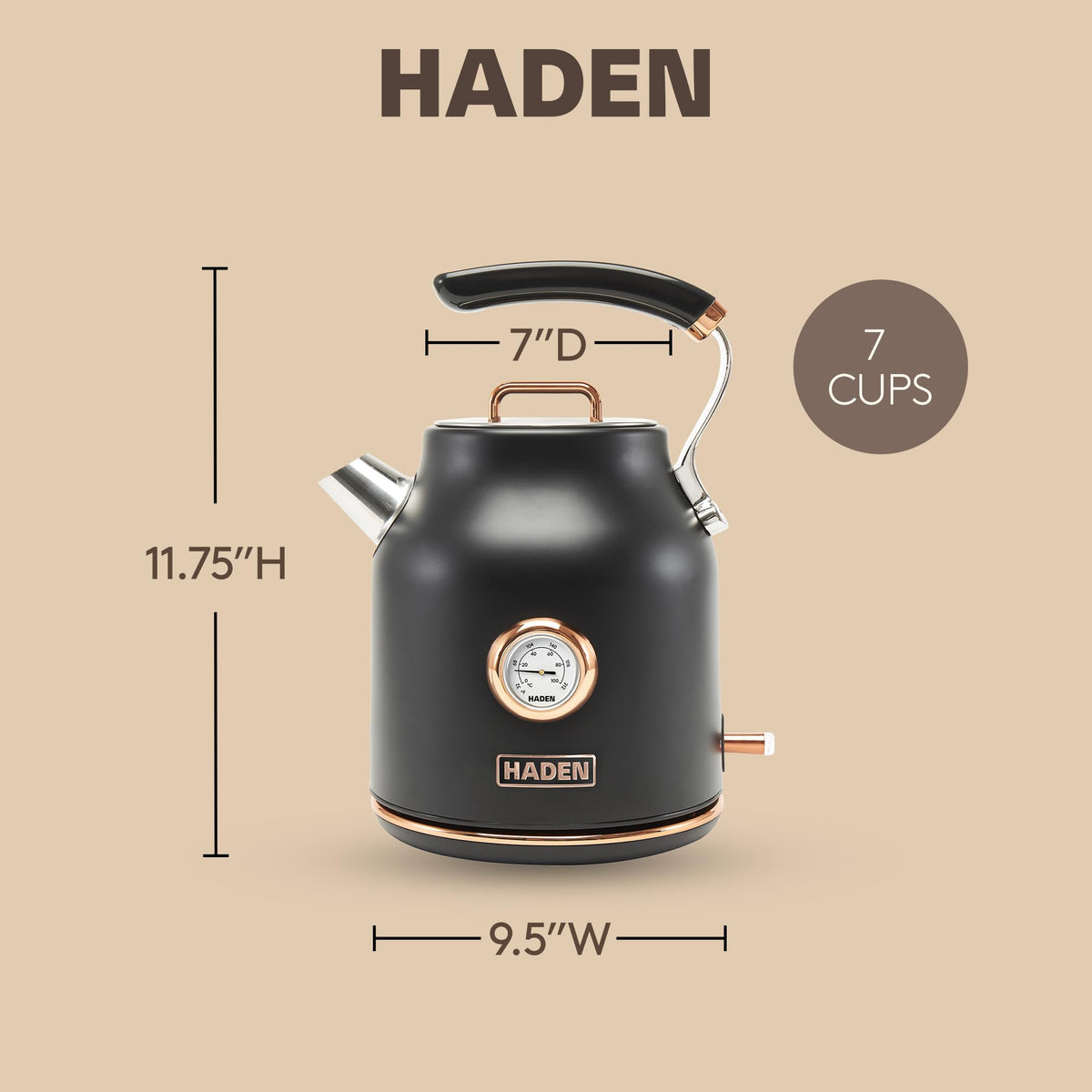 Haden Dorset 1.7 Liter Stainless Steel Electric Kettle, Hot Water Kettle with 360-Degree Base and Auto Shutoff, Black & Copper