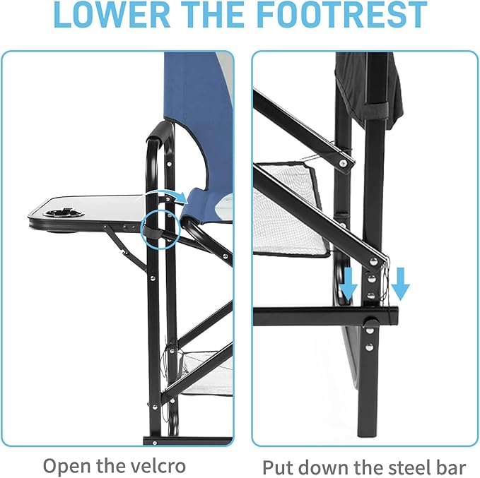Outvita 2 Piece 26" Tall Directors Chair Height Seat Folding with Side Table Storage Bag, Support for 300Lbs Portable Makeup Artist Chair with Bar Height(Blue/Grey)