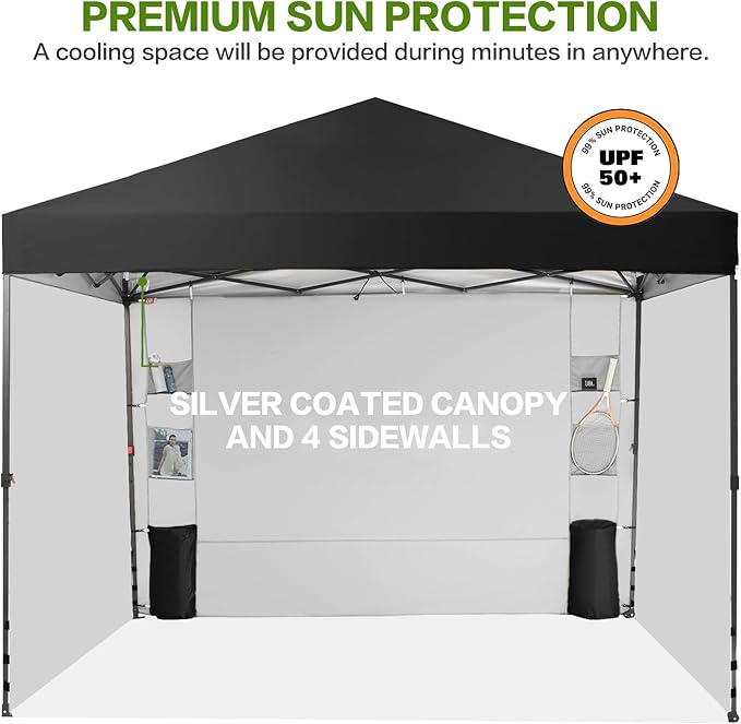 Tunbne 10X10 Comercial Pop Up Canopy Tent with 4 Sidewalls and 6 Pockets, One Push Setup Center Lock, for Beach Patio Outdoor, Case, 8 Stakes, 4 Ropes, 4 Sandbags (Pitch Black)
