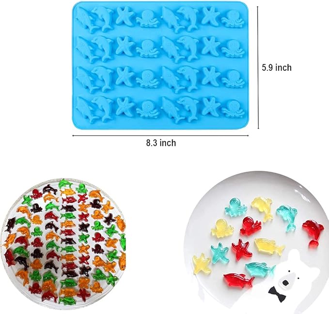 Vpqnee 3 Pack Mini Silicone Gummy Candy Chocolate Molds Contains Small Hearts, Fruits, Marine Animal Shapes and 2 Droppers for Making Gummy, Candy, Chocolate and Small Ice Cubes