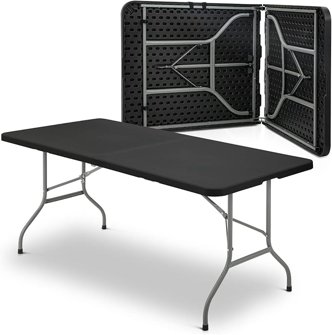 MoNiBloom 6Ft Folding Table, Heavy Duty Portable Plastic Dining Tables Fold in Half Indoor Outdoor Desk w/Handle, Lock for Camping Picnic Party, Black