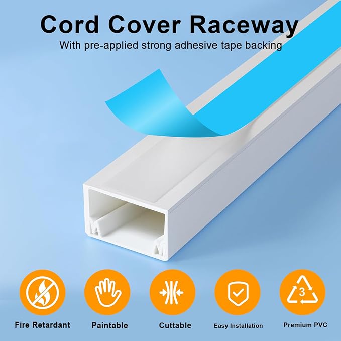 Cord Hider, RAZCC 315 Inch Cable Cover Raceway Kit for Cable Management, Wire Covers for Cords, Cord Covers for Wires on Wall, Simple and Easy Installation, 20 Pack Wire Hider, White
