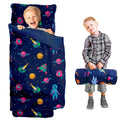 Toddler Nap Mat with Pillow and Minky Blanket, Large 55"x35" Sleeping Bag, Washable, Lightweight, Easy to Roll, Perfect for Preschool, Daycare, Kindergarten, Travel, Boys and Girls(Space)