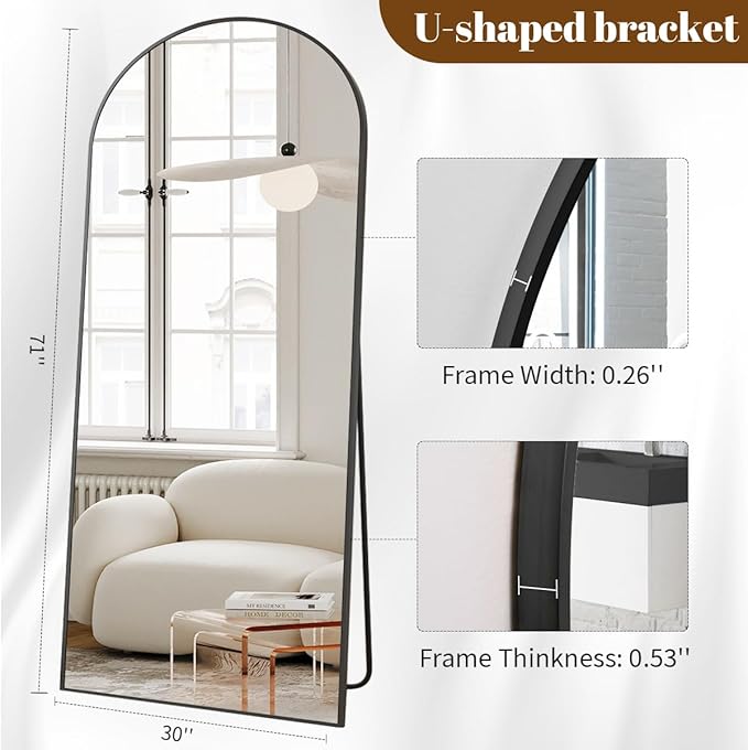 Koonmi 30"x71" Arched Full Length Mirror, Black Large Floor Mirror with Aluminum Alloy Frame Standing Hanging or Leaning Wall-Mounted Full Body Mirror for Living Room and Bedroom
