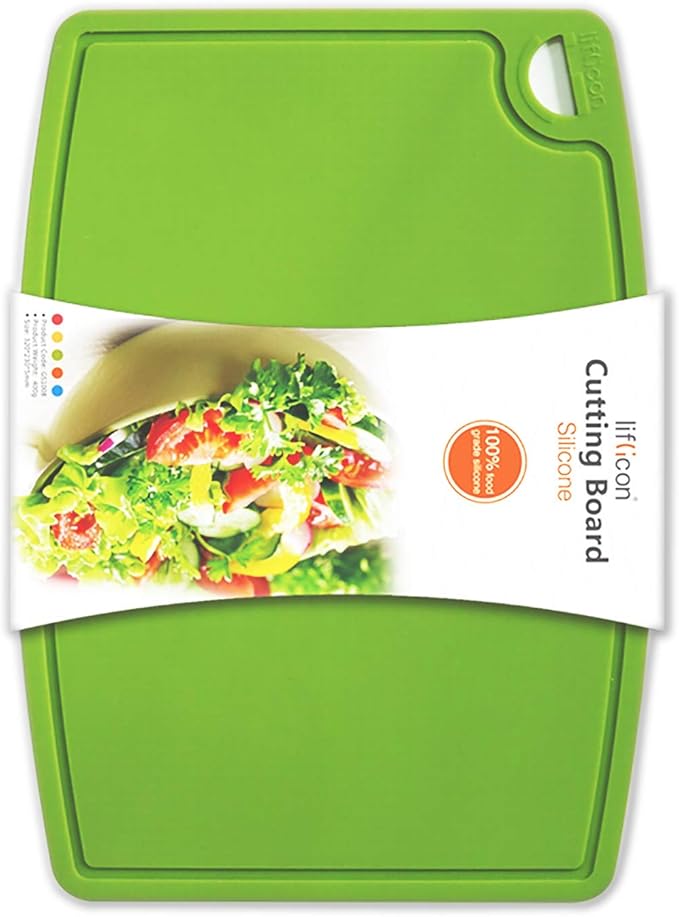 Liflicon Thick Silicone Cutting Board 12.6'' x 9.1'' Juice Grooves Easy Grip Handle Dishwasher Safe-Green