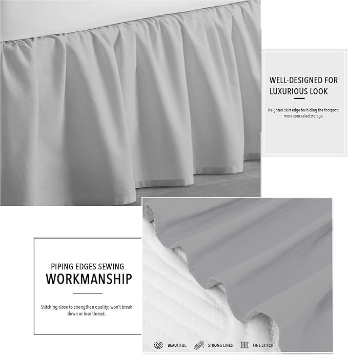 SlumberWell Full Bed Skirt with Split Corners, Soft Microfiber, 16 Inch Drop, Light Grey Solid, Elegant Ruffled Design