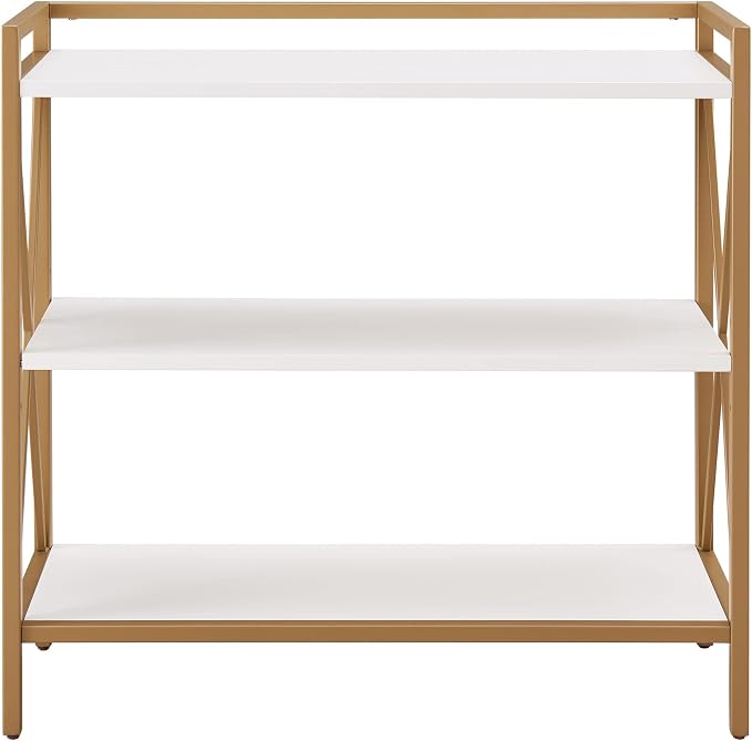 Leick Home Claudette Bookshelf, Satin Gold, 3 Shelves, Easy Assembly, 12 in D x