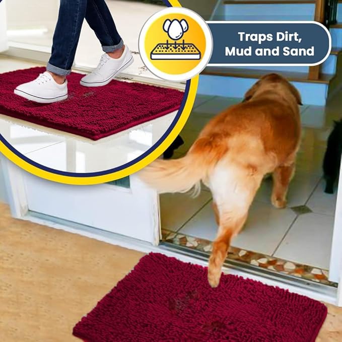 Muddy Mat® AS-SEEN-ON-TV Highly Absorbent Microfiber Door Mat and Pet Rug, Non Slip Thick Washable Area and Bath Mat Soft Chenille for Kitchen Bathroom Bedroom Indoor and Outdoor - Maroon 24" x 96"