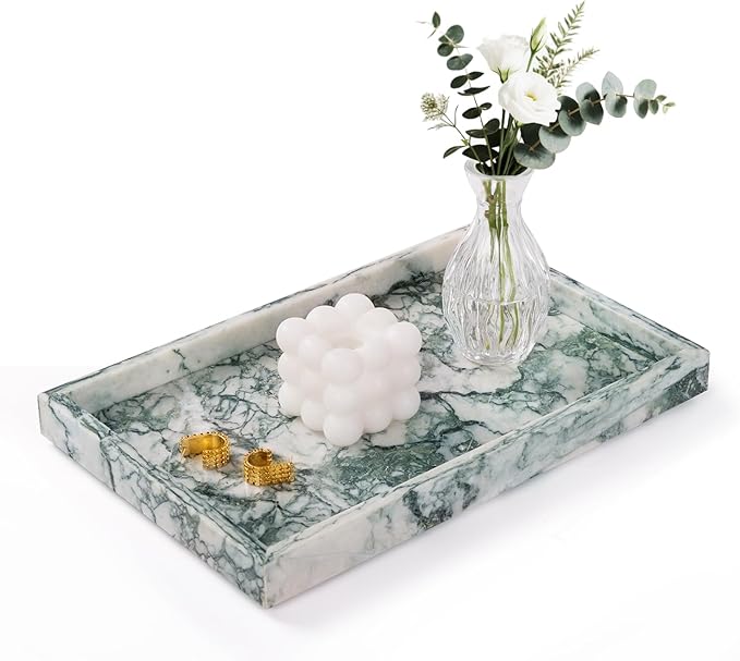 Marble Bathroom Tray for Countertop & Home Decor, Natural Decorative Marble Tray for Jewelry & Perfume Organizer, Luxury Stone Vanity Trays for Dresser, Kitchen Counter, 12" x 8", Jade Green