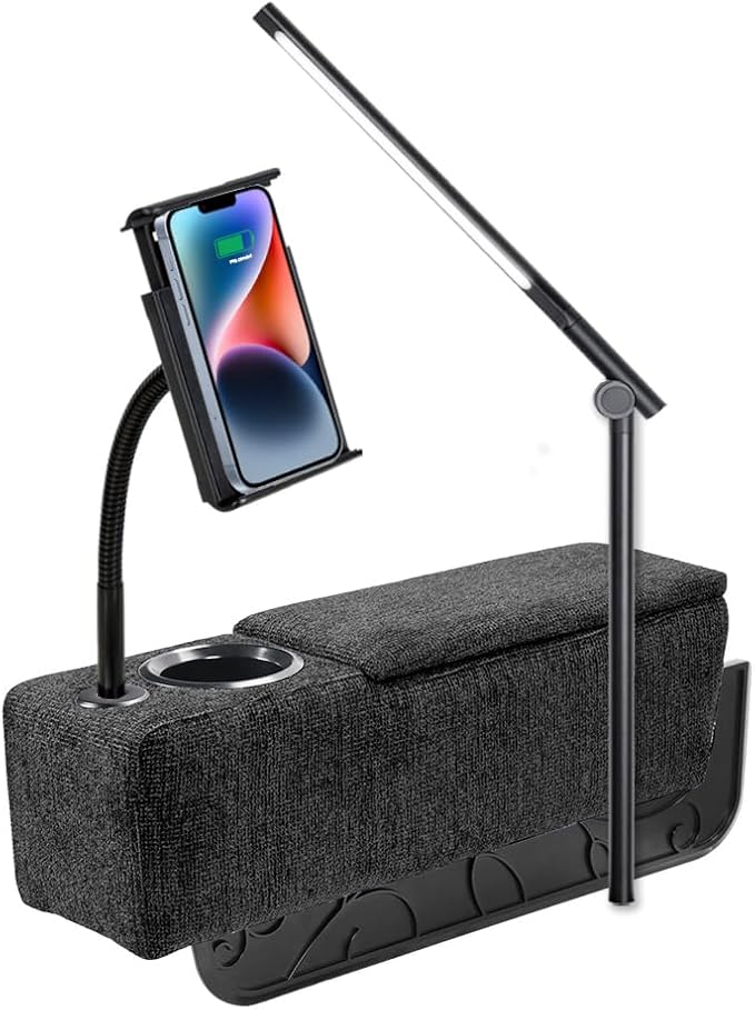 Multifunctional Sofa Armrest, Couch Armrest with Wireless Charge Stand, Removable Couch Caddy with Storage,Including LED Reading Light, Midnight