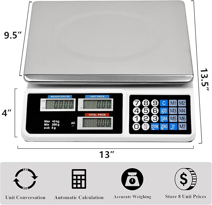 C-CHAIN 88LB Digital Price Scale Electronic Price Computing Scale LCD Digital Commercial Food Meat Weight Scale, Upgraded Version