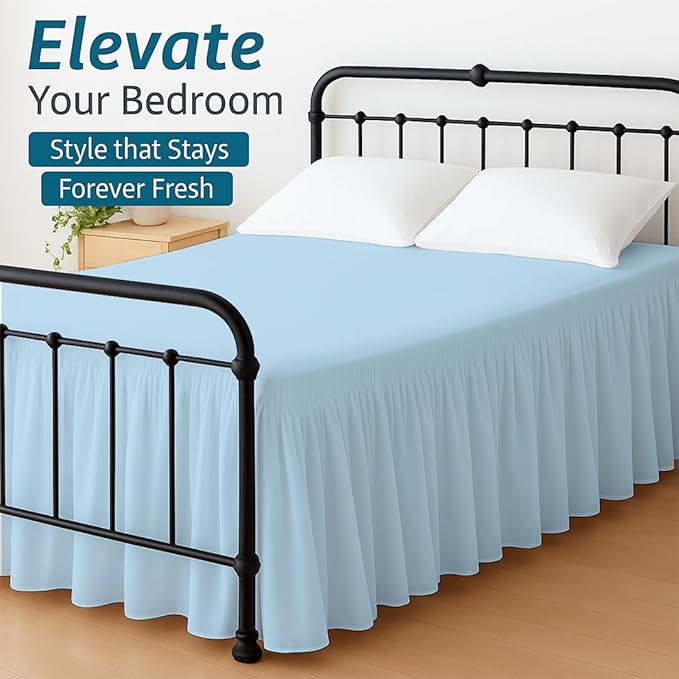 Shreem Linen Ruffled Bed Skirt with Split Corners, Gathered Style, 100% Microfiber, 18-Inch Drop, Dust Ruffle Bedskirt with Platform, Cal-King, Light Blue