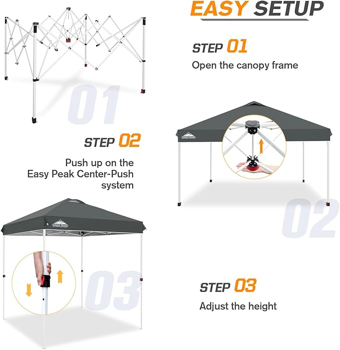 EAGLE PEAK Pop Up Canopy Tent with Wheeled Carry Bag, 8 Stakes, 4 Ropes, Easy Set Up Tent Canopy, 6.6x6.6 ft, Gray