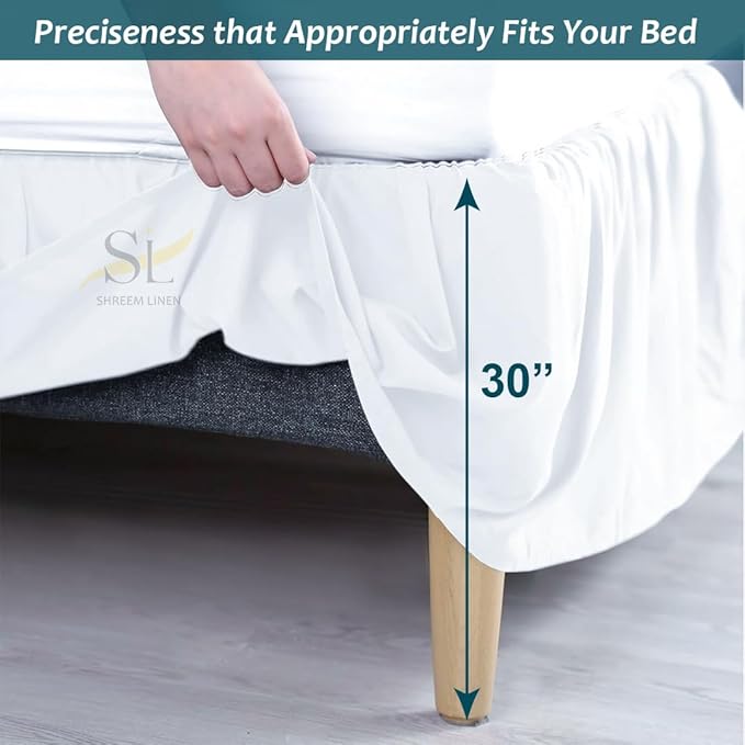 Shreem Linen Ruffled Bed Skirt with Split Corners, Gathered Style, 100% Microfiber, 30-Inch Drop, Dust Ruffle Bedskirt with Platform, Queen, White