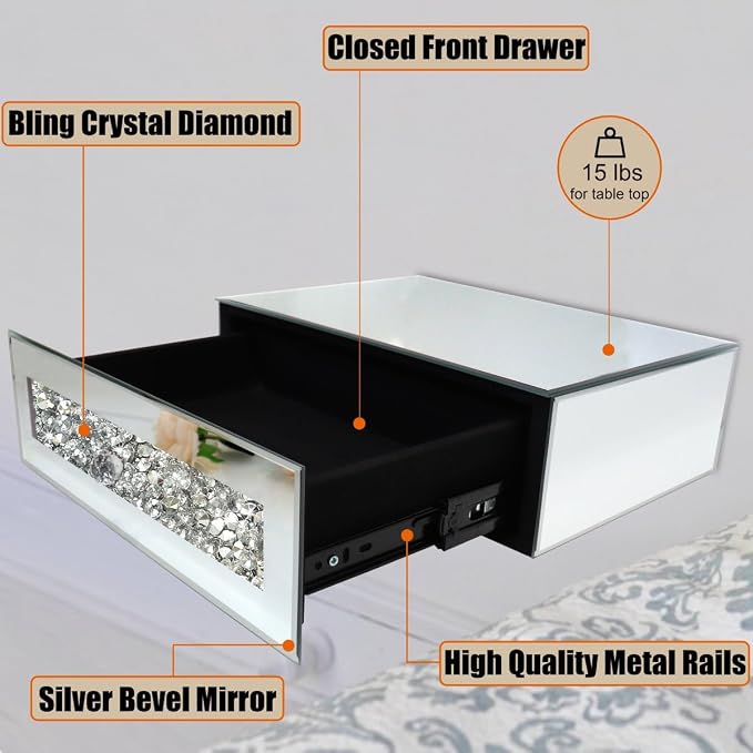 Mirrored Floating Bedside Nightstand