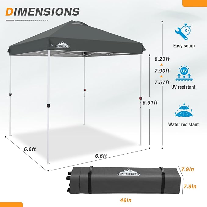 EAGLE PEAK Pop Up Canopy Tent with Wheeled Carry Bag, 8 Stakes, 4 Ropes, Easy Set Up Tent Canopy, 6.6x6.6 ft, Gray