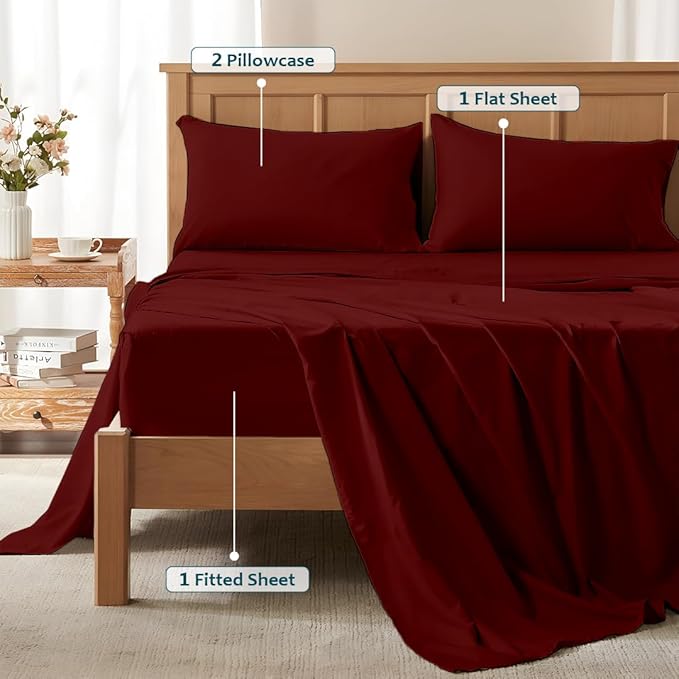 Queen Sheet Set - Luxury 338 Thread Count Sateen, 100% Egyptian Cotton Deep Pocket Queen Sheets with All Around Elastic for a, Hotel Quality Bedding Set (Burgundy Solid)