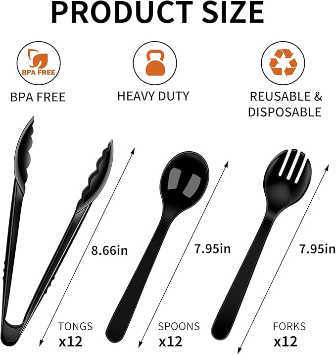 36PCS Disposable Serving Utensils Including Plastic Spoons, Tongs and Forks