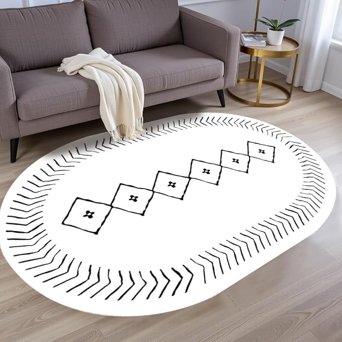 Simple Black and White Geometric Texture Bordered Area Rug 5x7 for Living Room Bedroom Dining Room Soft Washable Anti Slip Floor Mats Doormat Modern Minimalist Large Carpet Cozy Indoor Oval Rugs