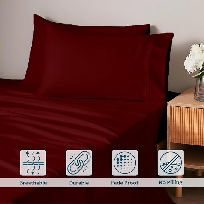 Queen Sheet Set - Luxury 338 Thread Count Sateen, 100% Egyptian Cotton Deep Pocket Queen Sheets with All Around Elastic for a, Hotel Quality Bedding Set (Burgundy Solid)